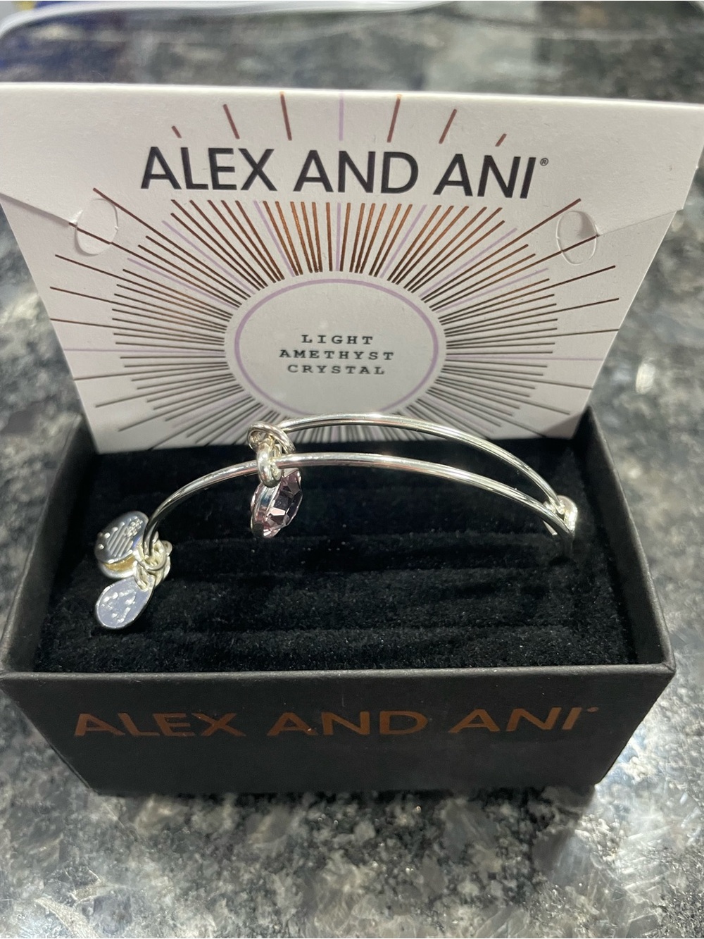 Alex and Ani Silver Bangle with Light Amethyst Crystal Charm 2 to 3.5 in